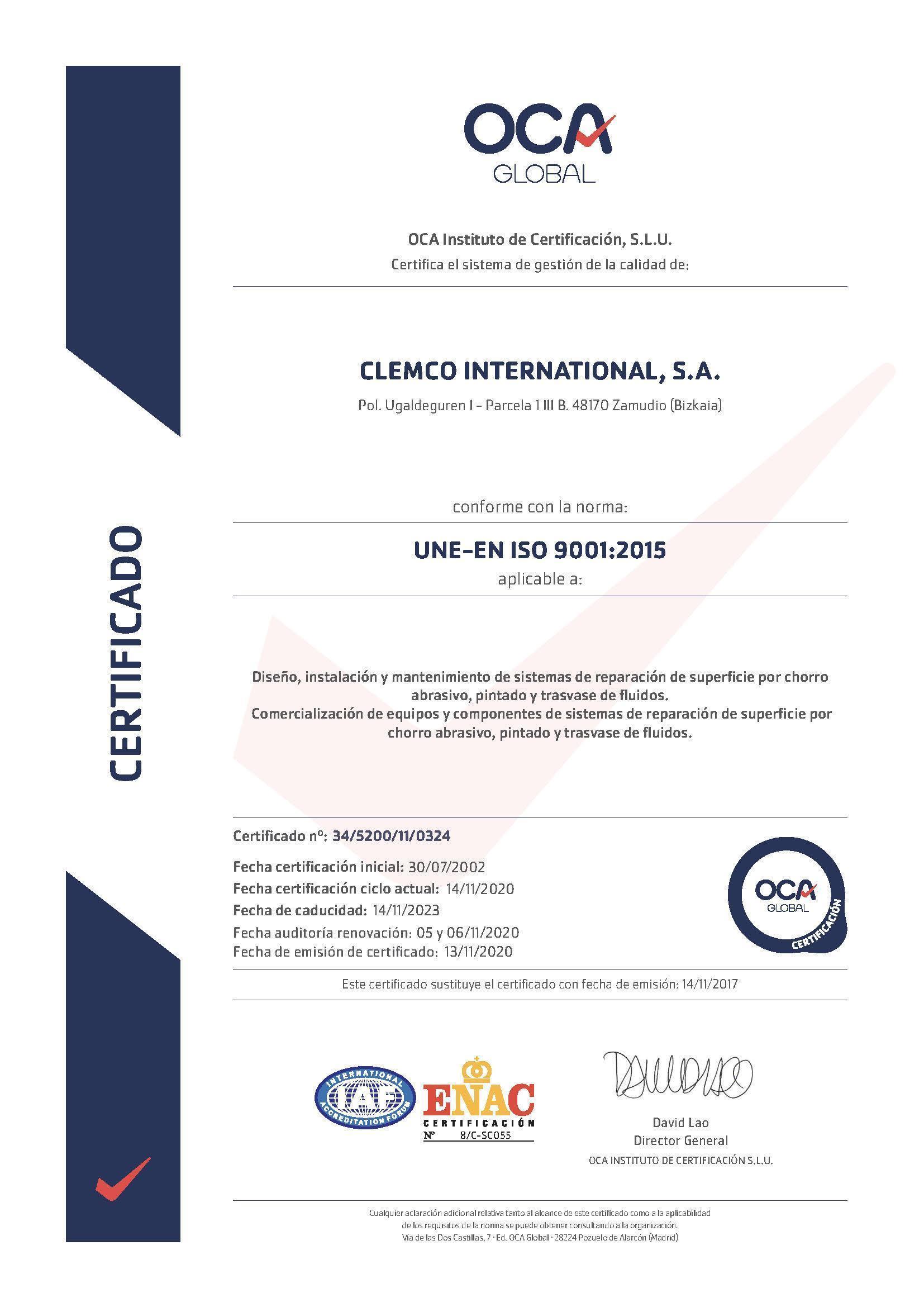 Certficado ISO 9001 2015 CLEMCO INTERNATIONAL